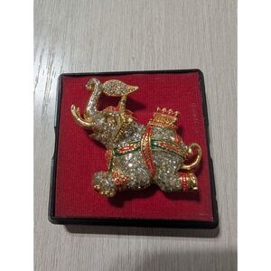 Vintage Thai Rhinestone Elephant Brooch Lucky Elephant Pin Red Green Enamel Thai